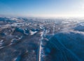 Aerial sunny winter view of Abisko National Park, Kiruna Municipality, Lapland, Norrbotten County, Sweden, shot from drone, with r Royalty Free Stock Photo