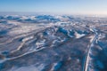 Aerial sunny winter view of Abisko National Park, Kiruna Municipality, Lapland, Norrbotten County, Sweden, shot from drone, with r