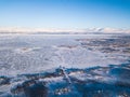 Aerial sunny winter view of Abisko National Park, Kiruna Municipality, Lapland, Norrbotten County, Sweden, shot from drone, with r Royalty Free Stock Photo