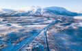 Aerial sunny winter view of Abisko National Park, Kiruna Municipality, Lapland, Norrbotten County, Sweden, shot from drone, with r Royalty Free Stock Photo