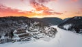 Aerial sunrise over frozen Cheat Lake Morgantown, WV