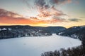 Aerial sunrise over frozen Cheat Lake Morgantown, WV