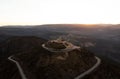 Aerial sunrise panorama of mountain hill top church chapel Sanctuary Nossa Senhora da Granca in Mondim de Basto Portugal Royalty Free Stock Photo