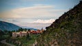 Aerial sunrise panoramic view Colca river and Sabancaya mountain, Chivay, Peru Royalty Free Stock Photo