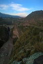 Aerial sunrise panoramic view to Colca river and Sabancaya mountain Chivay, Peru