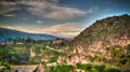 Aerial sunrise panoramic view to Colca river and Sabancaya mountain, Chivay, Peru Royalty Free Stock Photo