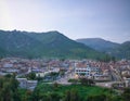 Aerial sunrise panoramic view to Colca river and Sabancaya mountain, Chivay, Peru Royalty Free Stock Photo