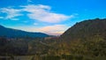 Aerial sunrise panoramic view to Colca river and Sabancaya mountain in Chivay, Peru Royalty Free Stock Photo