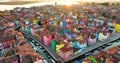 Aerial sunrise view of the colorful houses of the Burano Island, Venice, Italy Royalty Free Stock Photo