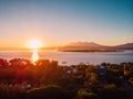 Aerial sunrise view with Gili island and ocean. Gili Meno, Gili Air and Lombok Royalty Free Stock Photo