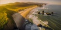 Aerial Sunrise View of Oregon State Beach, Enormous Rocks, Hillsides, Surf and Sand- Generative AI