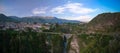 Aerial sunrise view to Colca river and Sabancaya mountain, Chivay, Peru