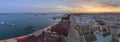 Aerial sunset cityscape of Olhao downtown, Algarve fishing village. Portugal