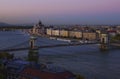 Aerial sunset cityscape view of Budapest. Chain Bridge over Danube river and Parliament Building in the background Royalty Free Stock Photo