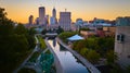 Aerial Sunset Glow on Indianapolis Skyline and Canal Reflections