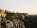 Aerial sunset panorama of medieval historic rock castle town Les Baux-de-Provence in Provence Alpes Cote dAzur France