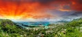 Aerial sunset panoramic view of Mahe coastline and Eden Island, Seychelles Royalty Free Stock Photo