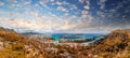 Aerial sunset panoramic view of Mahe coastline and Eden Island, Seychelles Royalty Free Stock Photo