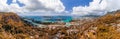 Aerial sunset panoramic view of Mahe coastline and Eden Island, Seychelles