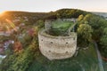 Aerial sunset summer view of Terebovlia castle on a hill in Terebovlia town, Ternopil region, Ukraine