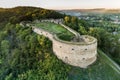 Aerial sunset summer view of Terebovlia castle on a hill in Terebovlia town, Ternopil region, Ukraine