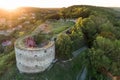 Aerial sunset summer view of Terebovlia castle on a hill in Terebovlia town, Ternopil region, Ukraine