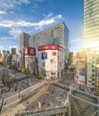 Aerial sunset view of the Akihabara Crossing Intersection in the electric town of Tokyo in Japan