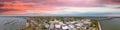 Aerial sunset view of Beaufort, South Carolina. Panoramic picture from drone perspective