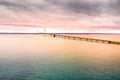 Aerial sunset view of the beautiful Mackinaw Bridge. The largest suspended bridge in America Royalty Free Stock Photo