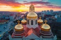 Aerial sunset view of The Cathedral of the Assumption and sea in Varna city, Bulgaria Royalty Free Stock Photo