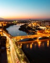 Aerial sunset view of the Ebro river from the tower of the Basilica del Pilar in Zaragoza, Spain Royalty Free Stock Photo