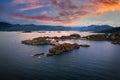 Aerial sunset view of the Hamn i Senja village on the Senja Island in Norway Royalty Free Stock Photo