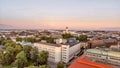 Aerial sunset view of Helsinki skyline from drone, Finland