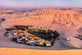 Aerial sunset view of the Huacachina Oasis in Peru