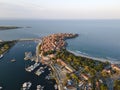 Aerial sunset view of old town and port of Sozopol, Bulgaria Royalty Free Stock Photo