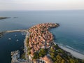 Aerial sunset view of old town and port of Sozopol, Bulgaria Royalty Free Stock Photo