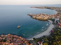 Aerial sunset view of old town and port of Sozopol, Bulgaria Royalty Free Stock Photo