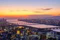 Aerial sunset view of Osaka skyline with the river, citylight, and golden sky as seen from Umeda Sky Building