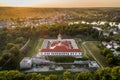 Aerial sunset view of a Zbarazh Castle in Zbarazh town, Ternopil region, Ukraine