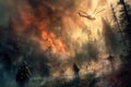 Aerial support joins firefighters on the ground amidst a fierce forest blaze, showcasing their courageous battle against the