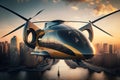 Aerial taxi of the future, autonomous driverless aerial vehicle flying on city background, passenger autonomous aerial vehicle in