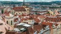 Aerial timelapse view of the traditional red roofs of the city of Prague, Czech Republic with the church of St. Jilji