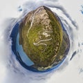 Aerial tiny planet of path heading on top of mountain