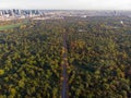 AERIAL, TOP DOWN: an asphalt road crossing the vast forest on a sunny summer day. Boulogne Forest Royalty Free Stock Photo