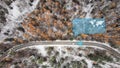 Aerial top down of Autonomous Self Driving Car driving on auto pilot