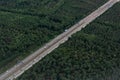 AERIAL, TOP DOWN: Cars and trucks drive on a highway speed road. Flying above busy space for text diagonal symmetry Commuters and