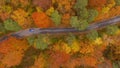 AERIAL, TOP DOWN: Drone point of view of tourist car exploring fall woods. Royalty Free Stock Photo