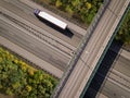 Aerial top down shot. Lorry truck on the highway. Royalty Free Stock Photo