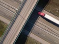 Aerial top down shot. Lorry truck on the highway. Royalty Free Stock Photo