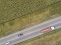 Aerial top down shot. Lorry truck and other cars on the highway. Royalty Free Stock Photo